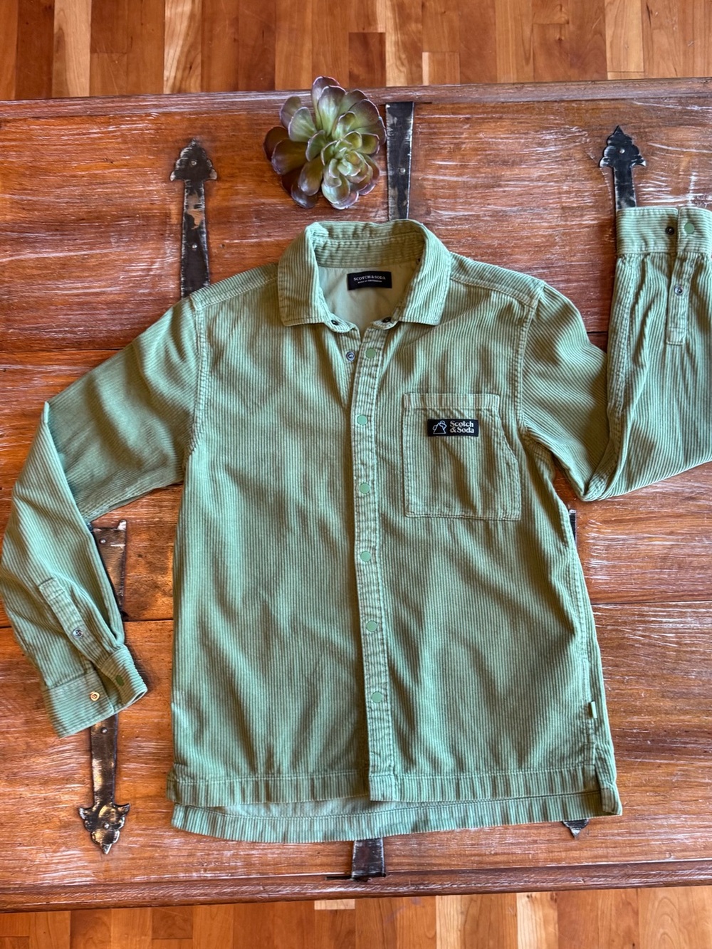 Scotch & Soda Sage Green Corduroy Snap-Down Shirt